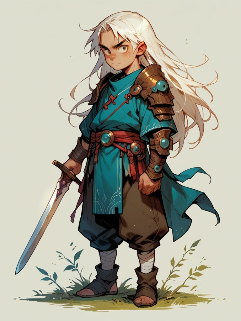 score_9, score_8_up, score_7_up, score_6_up, solo, 1 boy, ???, long hair, white hair, wearing bones shoulder armor, pauldrons, holding a sword, full body, g4n1m3,
