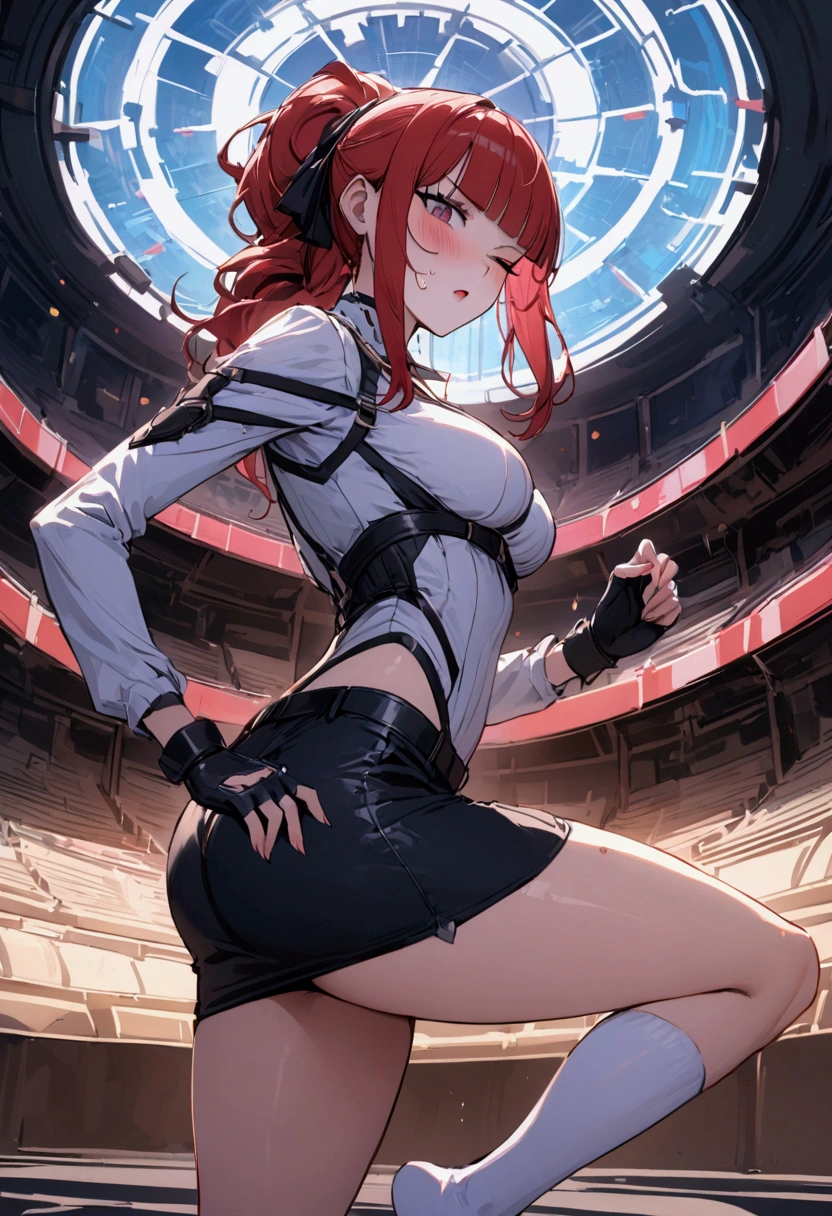 {{Grit your teeth:1.4}},{{cardfight:1.6}},Hold up a futuristic card.{{hold down one's stomach with one's hands:1.6}},stand pain well,{{Grit your teeth:1.4}},one eye closed,{{{Cyberpunk style}},from below,dutch angle,from side,{{masterpiece}}, {{{Highest quality}}},{{Very detailed}},{{Female futuristic card duelist with model body}},{{standing on one knee:1.6}}{{knee up:1.6}},{{Model-like body type:1.6}},{{Cyberpunk style card duelist}},{{critical situation:1.6}},{{cardfighting stance:1.6}},Beautiful thighs,1girl,30years old,{Mature Woman}},{{Very slender legs:1.4}},skinny,Very thin legs,White high socks,{{Blue mini skirt:1.2}},White long-sleeved blouse,BLUE fingerless gloves,holster,{{Grit your teeth:1.4}},,{{v-shaped eyebrows}},Bad mood,blush,Sweat,raise one's eyebrows ,{{}}、straight hair,{long red hair }},blunt bangs.abdominal pain ,{{pain}}, ,Inside the stadium