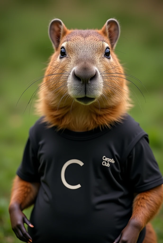 "Image of a friendly and relaxed capybara, posing comfortably on a natural green background. The capybara is wearing a tight black t-shirt that highlights its rounded and soft figure.. The shirt has a minimalist and modern design, with a simple and elegant letter that says &#39;Carpincho Club&#39; on the chest. The capybara looks directly into the camera with tender, mischievous eyes., inviting a knowing smile. The soft, warm lighting highlights the details of her fur and the texture of her shirt., creating a charming and fun image that captures the unique personality of this friendly animal.."