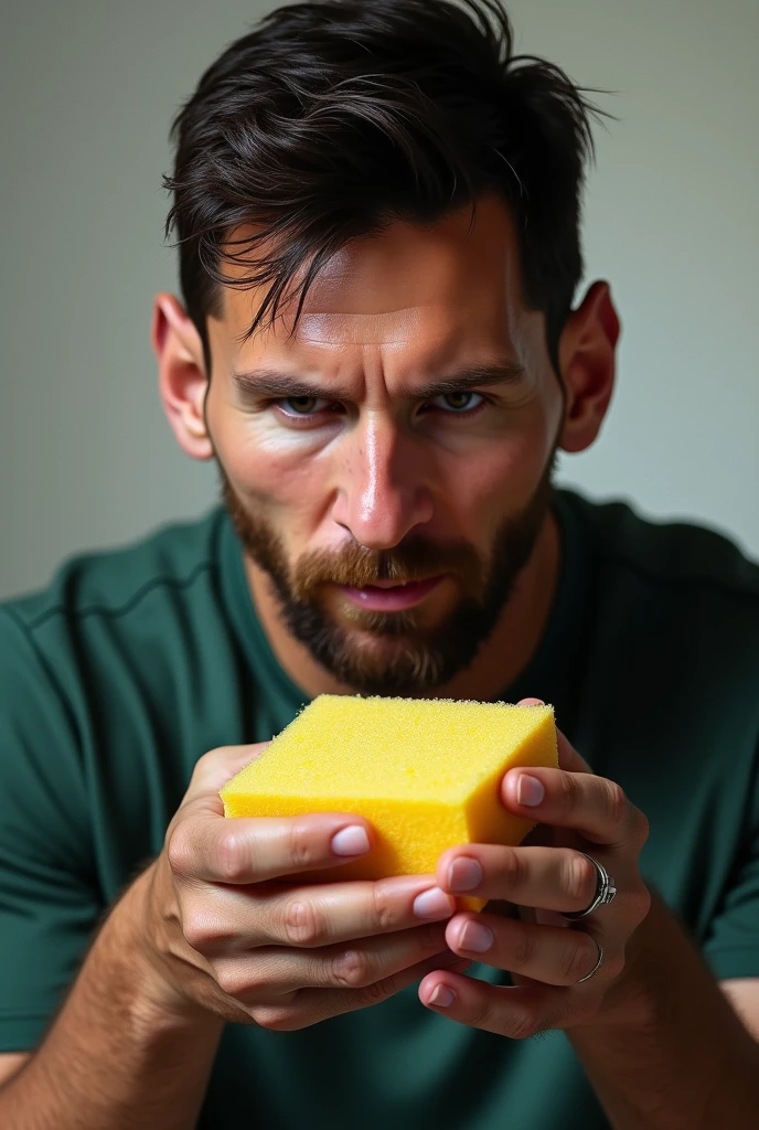 messi holding a small kitchen sponge