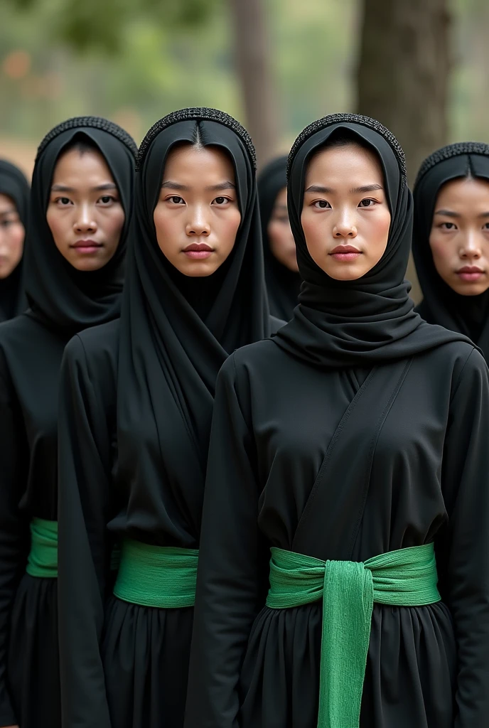 men and women wearing headscarves in pairs, horse style, wearing green belts, wearing black clothes