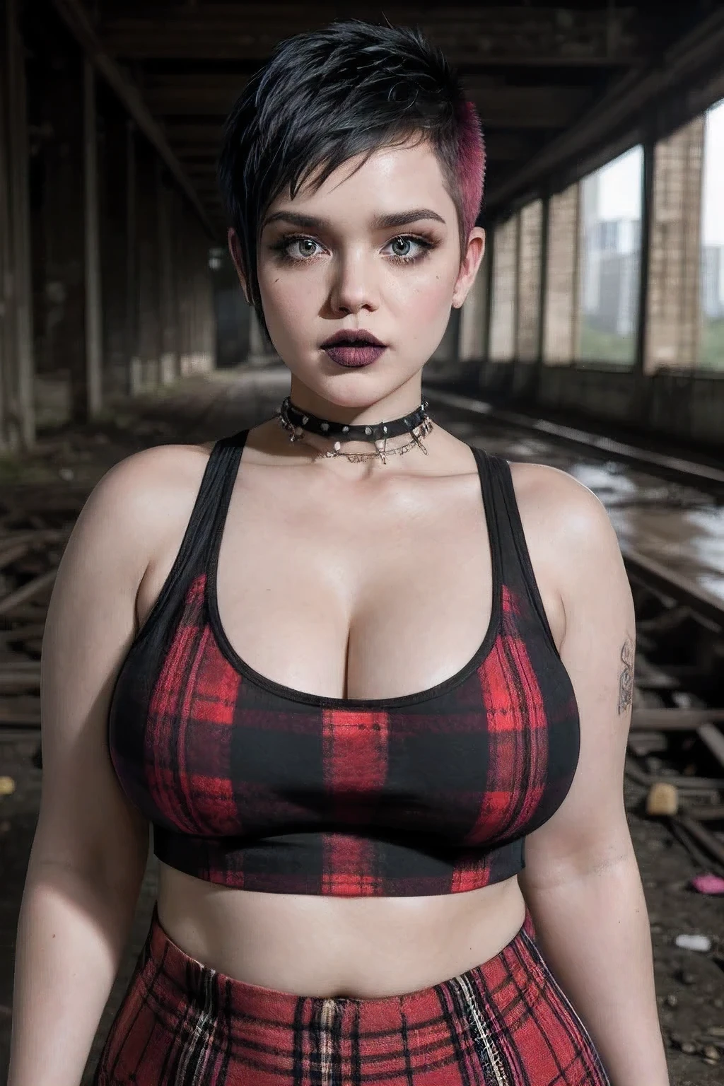 (((PUNK HAIRCUT))), A girl with a very fat bbw body naked in the middle of a dilapidated bridge, ((NECK LACE)), ((GOTH GIRL BLACK LIPS)). ((Red Plaid Croptank))