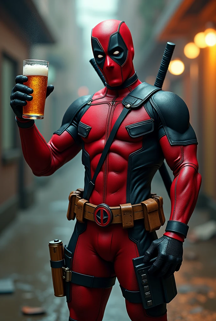 Deadpool holding in his beer
