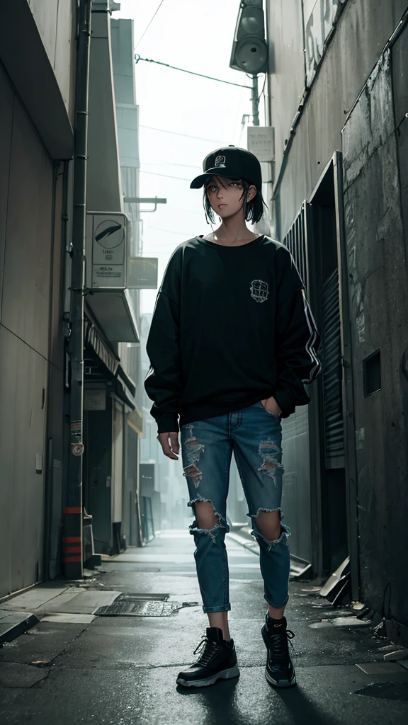 urban scene that reflects the essence of 90s grunge,should show a desolate street at night, with aging buildings and graffiti covering the walls. En el centro de la imagen, A lone figure, back to the observer, wears a ripped sweater and faded jeans. The sky is dark and overcast, with neon lights flickering dimly in the background. The atmosphere should convey a feeling of anguish, rebellion and melancholy,