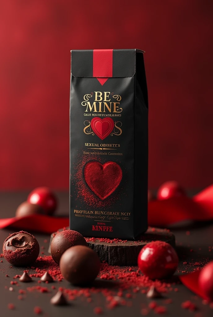 Make a chocolate packaging with a sexual objective with red and black colors the name is BE MINE, with chocolates in the shape of balls