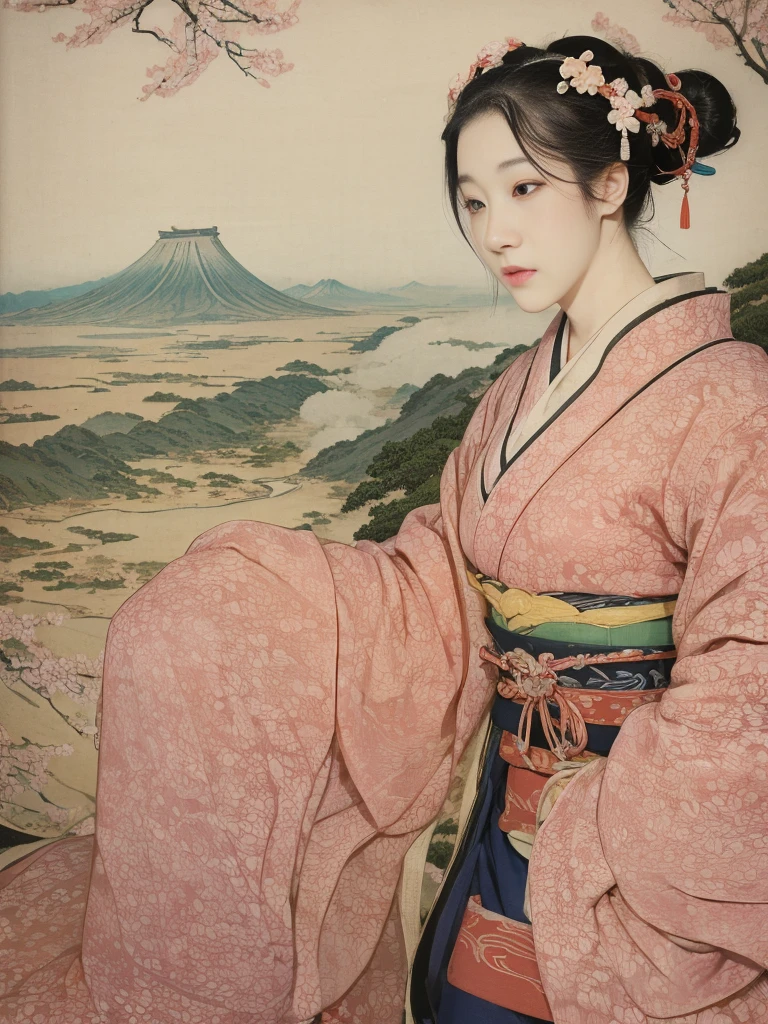 (background：Cherry blossoms on the mountain are covered with mist)((Ukiyo-e))japanese art,or period,tokyo art, lily,Natural landscape.(masseter membrane、top quality、Ukiyo-e style、mystery、Exquisite and beautiful、official art、Sharaku:1.2)、(1 japanese girl in:1.3)、(fractal art:1.3)、cowboy shooting、White skin、(beautiful brunette、kimono:1.2)、With Japanese traditional performing arts as the background、colorful、(reel、Belongs to Japanese style:1.2)、