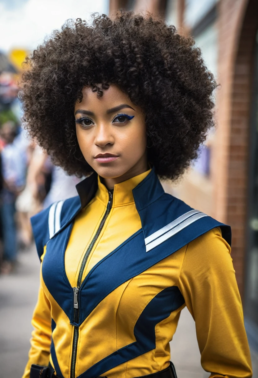 Black woman with afro curly hair. She is cosplaying using the Wolverine uniform