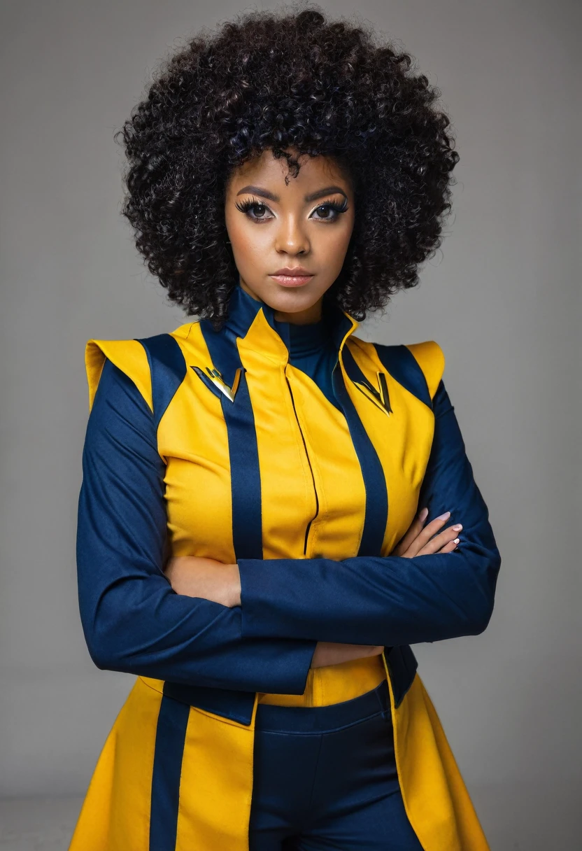 Black woman with afro curly hair. She is cosplaying using the Wolverine uniform
