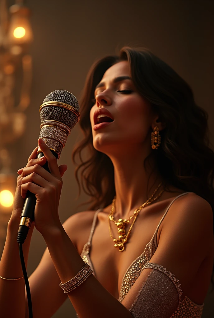 Woman singing with gold and diamond microphone