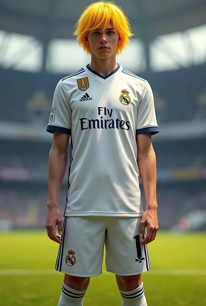 adolescent, man with yellow hair a little long nice, with real madrid clothes