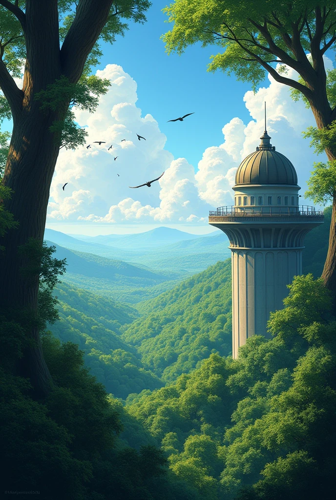 Give me a view from an observatory to a forest with many trees and have all kinds of birds flying in a square image