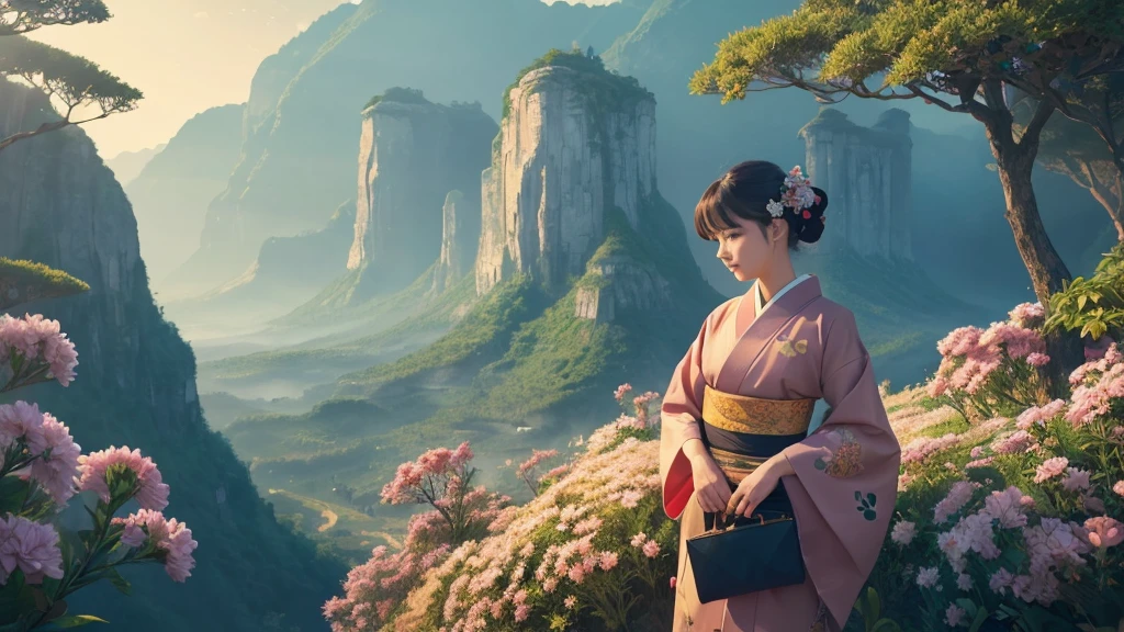 A woman in a kimono holding a folding fan、 Wide-angle lens, Lofi Anime, Lofi illustration, Aesthetic atmosphere, Lo-Fi Style, Vector art, Flat Design, Simple shape, Warm tones, Pleasant atmosphere, Chill, In anime style, Digital drawing, Vector art, Vector logo for t-shirt printing, (Adorable:1.5), (small:1.4), (Playful:1.2), (soft:1.3), (Whimsical:1.1), masterpiece, Highest quality, 8k, Intricate details, grow, Celestial, Mysterious, Picturesque, amazing, Majestic, Magic, Fantasy art, Cover art, dream-like