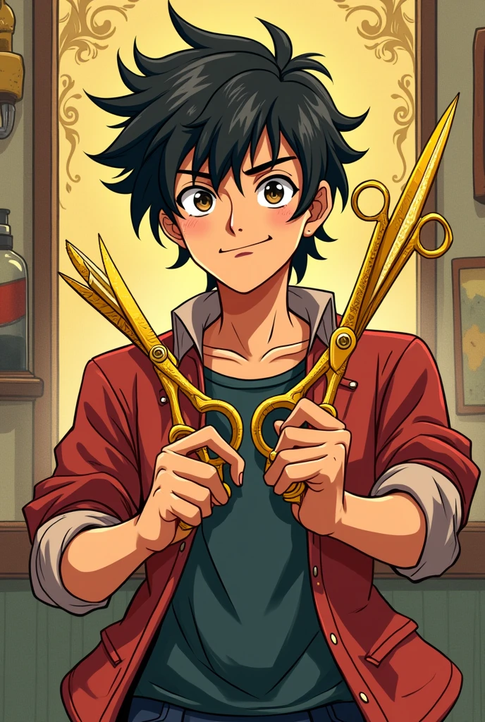 Give me a drawing of an anime man who has scissors and a barber machine, one in each hand, that is half-body.. That it is easy to draw the scissors and the machine that are golden that have some resemblance to the chavo del 8 the image that is like a barbershop design