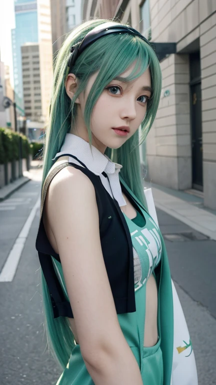 Hatsune Miku, City, Green Hair, Green Eyes, vocaloid, Valentine&#39;s Day Collar, White shirt, t-shirt, Blue shorts, sleeveless, Looking at the audience, Standing blowing kiss kiss heart love full of roses