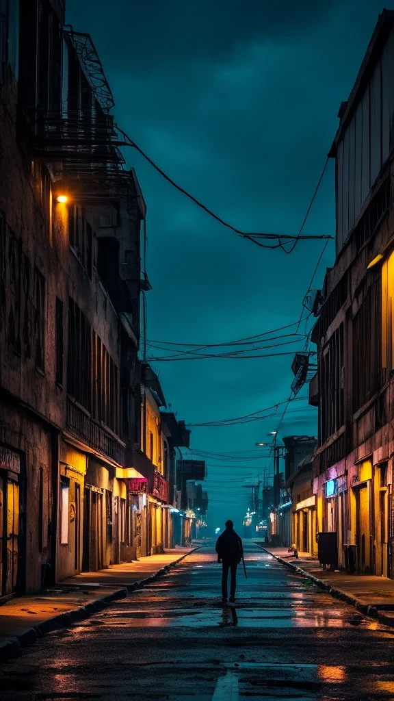 urban scene that reflects the essence of 90s grunge,should show a desolate street at night, with aging buildings and graffiti covering the walls. En el centro de la imagen, A lone figure, back to the observer, wears a ripped sweater and faded jeans. The sky is dark and overcast, with neon lights flickering dimly in the background. The atmosphere should convey a feeling of anguish, rebellion and melancholy,