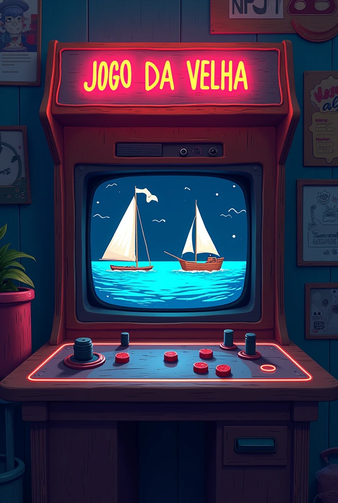 Sign reading 'Jogo Da Velha' with an arcade theme, in 2d for a game's menu screen