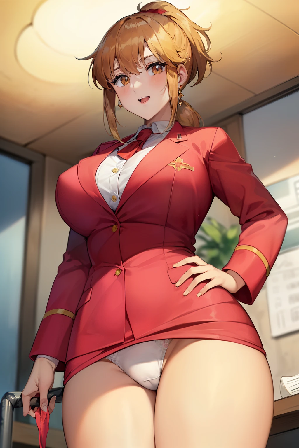 masterpiece, Highest quality, 1 girl, (One body), Very detailed, High resolution, Very detailedCG, First default, First closure, (First hairstyle:1.5), (Folded ponytail:1.5), (４０Mature adult woman:1.5), Long sleeve, (big:1.5), office, (red面), smile, (red_Jacket:1.5), whiteのシャツ, Earrings, Ascot, brooch, (red_Pencil Skirt:1.5), (red_lips), whiteいThighs, Huge breasts, (Wide pelvis), (Are standing), (とてもbig_Lower Body:1.5), (Very thick_Thighs:1.5), (完全に露出したpanties:1.5), (panties丸見え:1.5), (white_Race_Floral_panties:1.5), (Roll up your skirt:1.5), (スカート that rolls up:1.5), (股間のアップをFrom below見上げる_perspective:1.5), (From below:1.5), (Looking at the audience), (Cowboy Shot)、