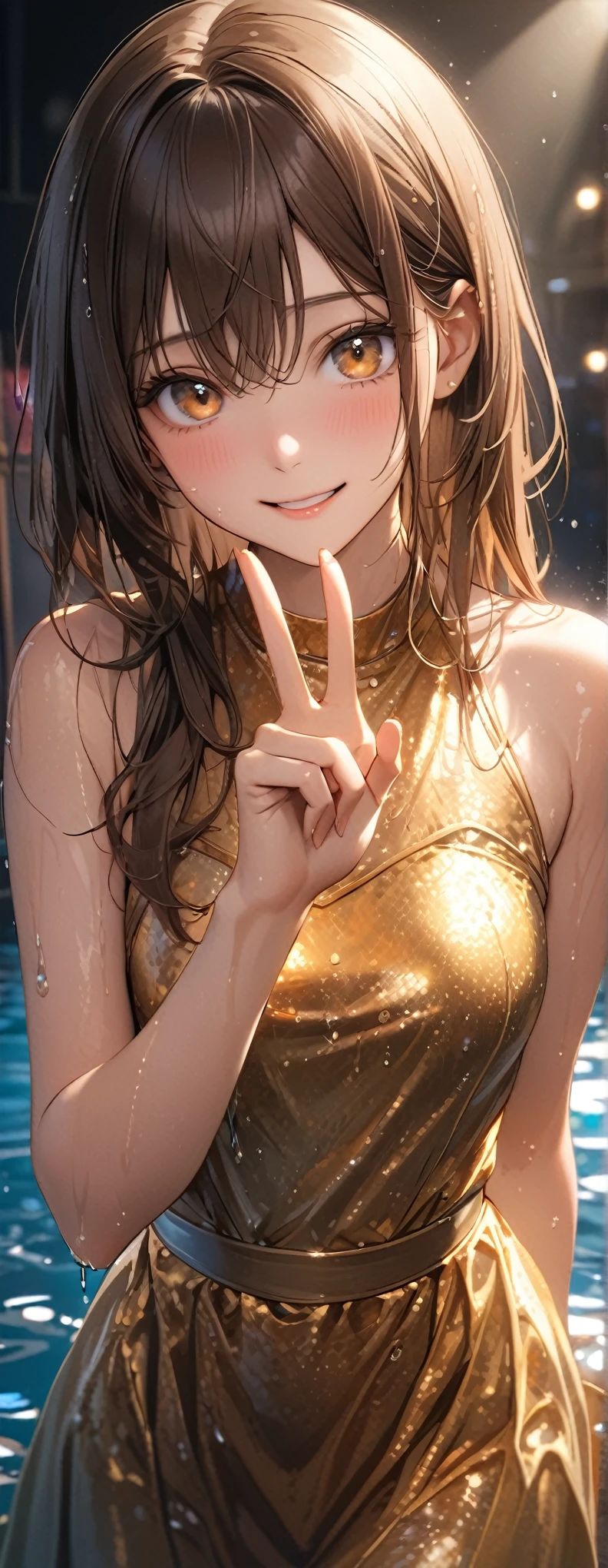 Straight Hair、Brown Hair,((Highly detailed golden sexy dress)), Looks about , (beautiful girl: 1.3),1girl,Highest quality,8k,Highly detailed CG unit wallpaper,masterpiece:1.2,Highest quality,Ultra-high resolution,RAW Photos,Realistic textured skin,Cinema Lighting,happy,Big Eyes,Detailed eyes,Wet,Wet,Watery eyes,weak,((peace sign))