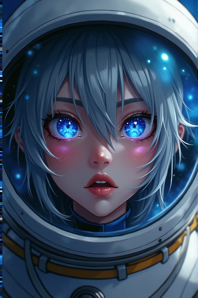 (Close-up of a better masterpiece:1.5)0.9], (Space and astronauts:1.2) (Messy silver hair:1.1) (Heterochromia xanthochromia and blue eyes:1.2) (Space Helmet:1.0) (Colored stars in the eyes:1.0) (A radiant glow:1.1) (thick lips:0.9)