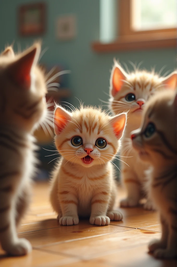 A kitten being bullied at kitten school,and the others are laughing and mocking him