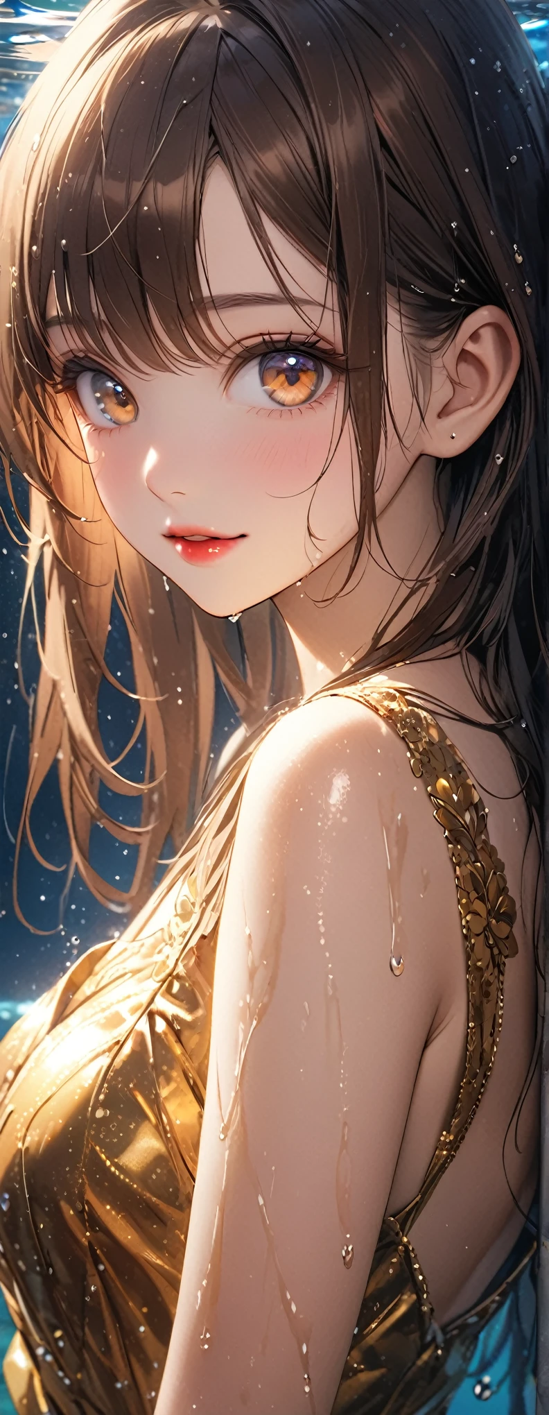 Straight Hair、Brown Hair,((Highly detailed golden sexy dress)), Looks about 17 years old, (beautiful girl: 1.3),1girl,Highest quality,8k,Highly detailed CG unit wallpaper,masterpiece:1.2,Highest quality,Ultra-high resolution,RAW Photos,Realistic textured skin,Cinema Lighting,happy,Big Eyes,Detailed eyes,Wet,Wet,Watery eyes,weak,(Beautiful glossy lipstick,Perfect Makeup,Ultra-high definition beauty face,(peace sign))
