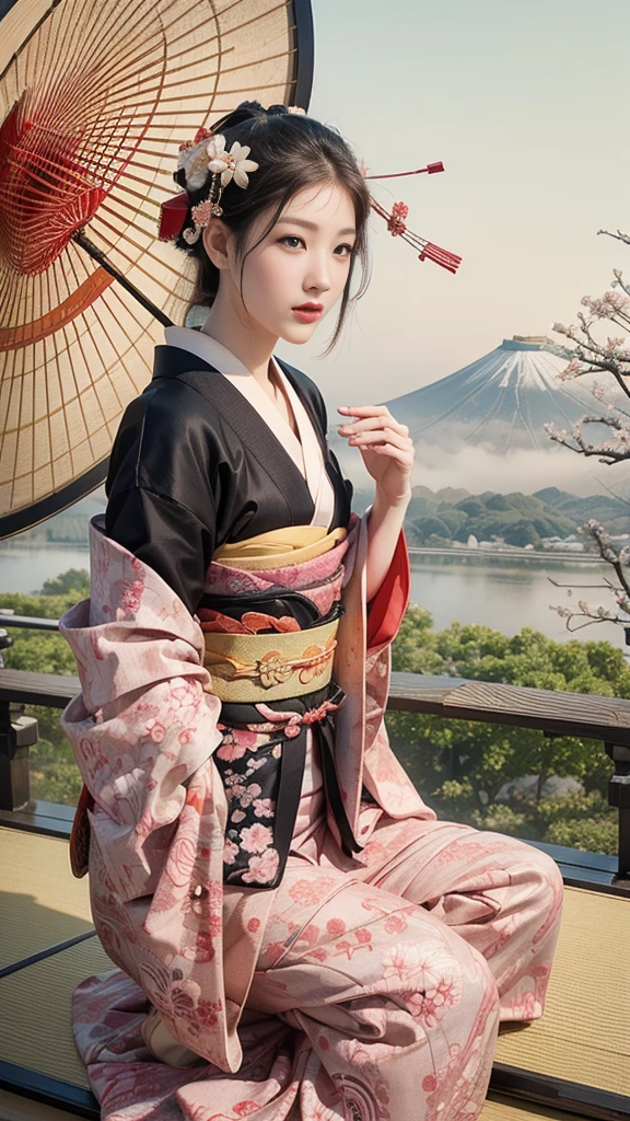 (background:Cherry blossoms on the mountain are covered with mist)((Ukiyo-e))japanese art,or period,tokyo art, lily,Natural landscape.(masseter membrane、top quality、Ukiyo-e style、mystery、Exquisite and beautiful、official art、Sharaku:1.2)、(1 japanese girl in:1.3)、(fractal art:1.3)、cowboy shooting、White skin、(beautiful brunette、kimono:1.2)、With Japanese traditional performing arts as the background、colorful、(reel、Belongs to Japanese style:1.2)、