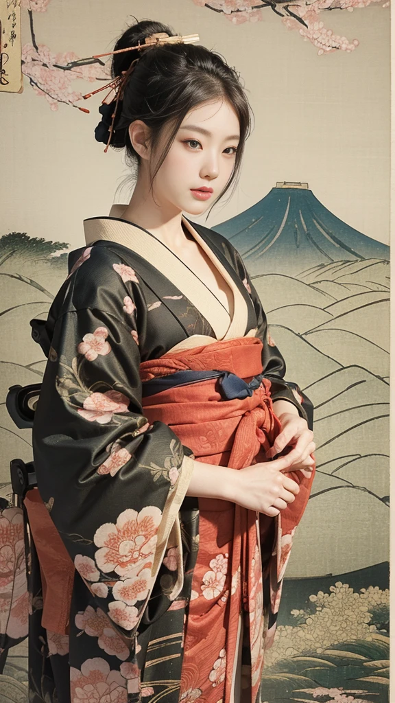 (background:Cherry blossoms on the mountain are covered with mist)((Ukiyo-e))japanese art,or period,tokyo art, lily,Natural landscape.(masseter membrane、top quality、Ukiyo-e style、mystery、Exquisite and beautiful、official art、Sharaku:1.2)、(1 japanese girl in:1.3)、(fractal art:1.3)、cowboy shooting、White skin、(beautiful brunette、kimono:1.2)、With Japanese traditional performing arts as the background、colorful、(reel、Belongs to Japanese style:1.2)、