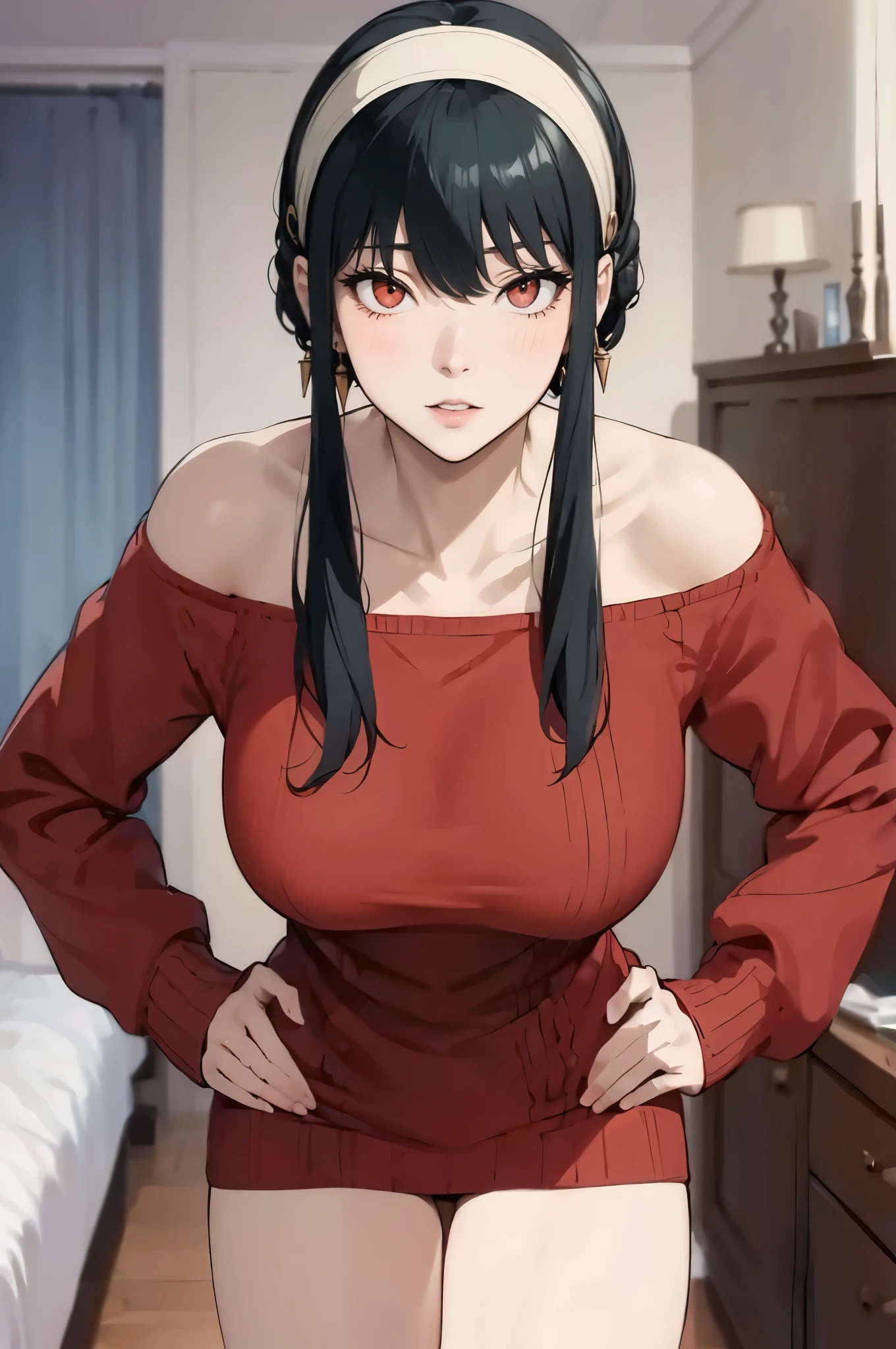 ((1girl, solo)), yor briar, large breasts, beautiful body, (perfect anatomy, perfect body, perfect hands, perfect legs), nice hands, natural proportions, sexy body, standing, hands on hips BREAK
((extremely detailed face)), (red eyes:1.5), (beautiful detailed eyes:1.6), (realistic pupils, realistic iris:1), expressive eyes, looking at viewer, (clear eyes:1.3), (hyperrealistic:1.2), (detailed skin texture:1.2), smooth skin, black hair, sidelocks, white hairband, bangs, (detailed lips:1.2), (attractive lips:1.1), (glossy lips:1.1), perfect face, perfect eyes, blush, gold earrings BREAK
mini sweater dress, red sweater, off-shoulder sweater, collarbone, bare shoulders, long sleeves, thighs BREAK
(masterpiece:1.5), anime-style, top quality, best quality, (beautiful and aesthetic:1.2), (ultra detail:1.5), Ultra-detailed depiction, Ultra-precise depiction, extremely detailed 8k illustration, high resolution, (highly detailed shading:1.2), (realistic lighting:1.4), perfect lighting, vibrant colors, dynamic tones, striking hues, 8k, absurd resolution, perfect shadows, hdr, UHD, ambient lighting, realistic, ultra-realistic, photo realistic, highly detailed, rich detail, luminous colors, fine texture, intricate design, professional illustration, (soft light:1.2), (illustration:0.7)