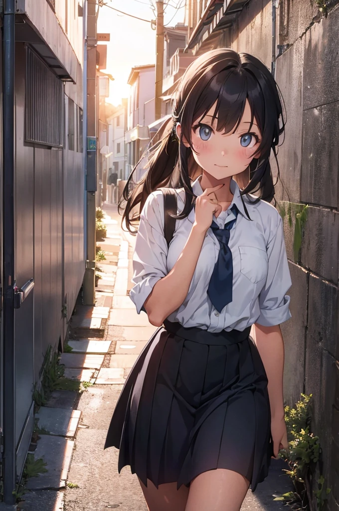 one girl in school uniform picking up a grey cat from the ground, alleyway, sunset