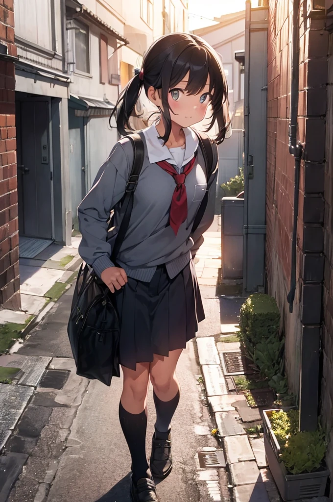 one girl in school uniform picking up a grey cat from the ground, alleyway, sunset