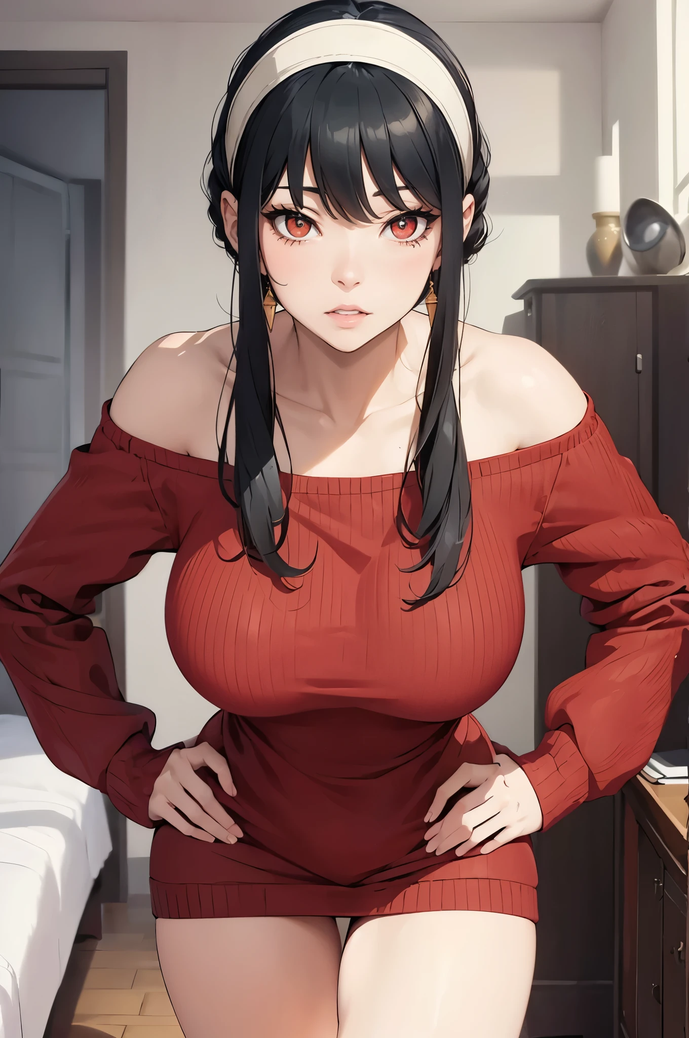 ((1girl, solo)), yor briar, large breasts, beautiful body, (perfect anatomy, perfect body, perfect hands, perfect legs), nice hands, natural proportions, sexy body, standing, hands on hips BREAK
((extremely detailed face)), (red eyes:1.5), (beautiful detailed eyes:1.6), (realistic pupils, realistic iris:1), expressive eyes, looking at viewer, (clear eyes:1.3), (hyperrealistic:1.2), (detailed skin texture:1.2), smooth skin, black hair, sidelocks, white hairband, bangs, (detailed lips:1.2), (attractive lips:1.1), (glossy lips:1.1), perfect face, perfect eyes, blush, gold earrings BREAK
mini sweater dress, red sweater, off-shoulder sweater, collarbone, bare shoulders, long sleeves, thighs BREAK
(masterpiece:1.5), anime-style, top quality, best quality, (beautiful and aesthetic:1.2), (ultra detail:1.5), Ultra-detailed depiction, Ultra-precise depiction, extremely detailed 8k illustration, high resolution, (highly detailed shading:1.2), (realistic lighting:1.4), perfect lighting, vibrant colors, dynamic tones, striking hues, 8k, absurd resolution, perfect shadows, hdr, UHD, ambient lighting, realistic, ultra-realistic, photo realistic, highly detailed, rich detail, luminous colors, fine texture, intricate design, professional illustration, (soft light:1.2), (illustration:0.7)
