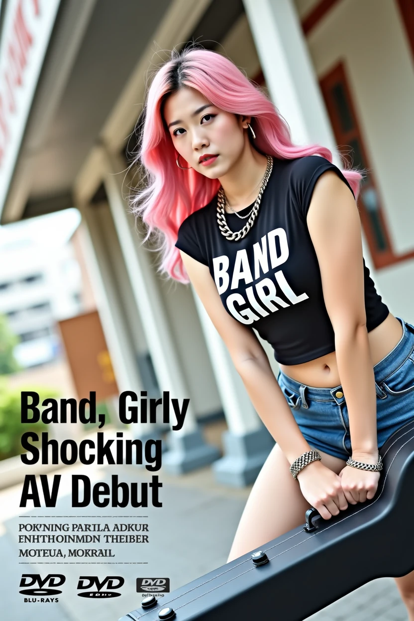 (((A little chubby, big breasts, big buttocks))), ((((Woman's ridiculously large breasts change, slender curves, big , big breasts, big , super beautiful woman, whip-smacking body)))), adult video poster layout, text on screen: "BAND GIRL Shocking AV debut!! ★ MIRU KOGURE",(((Japanese woman with large black guitar case)))), 26 year old adult woman wearing black crew neck top with large English letters on her chest and short blue jeans posing for a photo shoot, big breasted female porn actor, dynamic pose, rock music magazine model pose,. Japanese female fashion model, (((very bright pink hair))), happy expression, thick chain accessories on neck and arms, (((in front of Asakusa strip theater))), pure beautiful smile, intelligent face, slender curves, large breasts, wearing black t-shirt, small leather jacket Wearing black T-shirt, very small leather jacket, denim shorts, (((extreme low angle))), null, Bill, holding black guitar case with guitar strap, (((DVD mark, Blu-ray mark, PG-18 mark))).