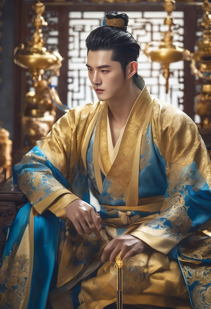 8k,Seven Blessings God,Rising fortune,gold,MabuNew,god々New,Auspicious, disconsolate，Ambient，artistic conception，large scene，The wind blew up the white curtains，Dattain lamps，Diffuse light，chest muscle，Shirtless, stubbles, Sideburns, musculature, Strong handsome korean guy， a golden statue of handsome men god , multiple hands holding some weapons, , Hanfu，Golden blue、Jing Qing Moqing、jackson wang, Plain cherry blue，Junyi，Dignified atmosphere，Temperament，Short hair, Flat-headed beautiful man，The light is gentle，The scene comes to life

