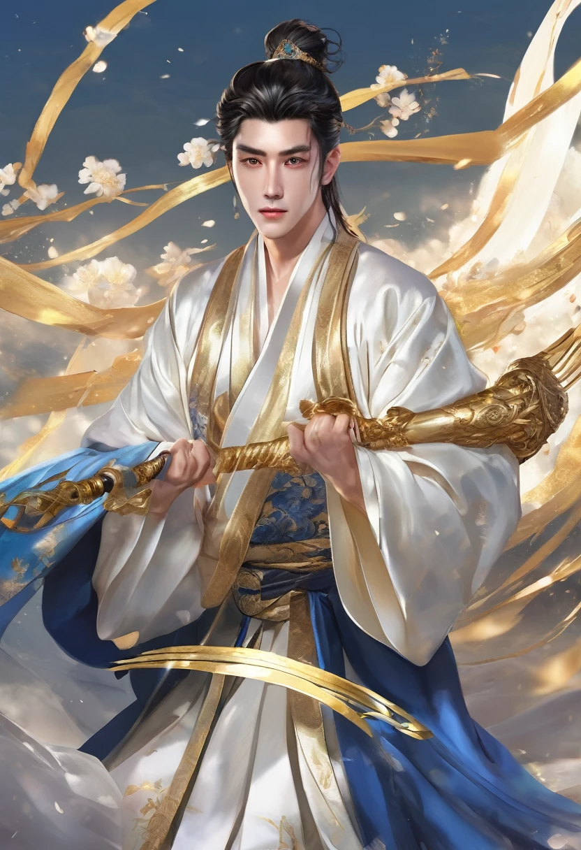 8k,Seven Blessings God,Rising fortune,gold,MabuNew,god々New,Auspicious, disconsolate,Ambient,artistic conception,large scene,The wind blew up the white curtains,Dattain lamps,Diffuse light,chest muscle,Shirtless, stubbles, Sideburns, musculature, Strong handsome korean guy, a golden statue of handsome men god , multiple hands holding some weapons, , Hanfu,Golden blue、Jing Qing Moqing、jackson wang, Plain cherry blue,Junyi,Dignified atmosphere,Temperament,Short hair, Flat-headed beautiful man,The light is gentle,The scene comes to life