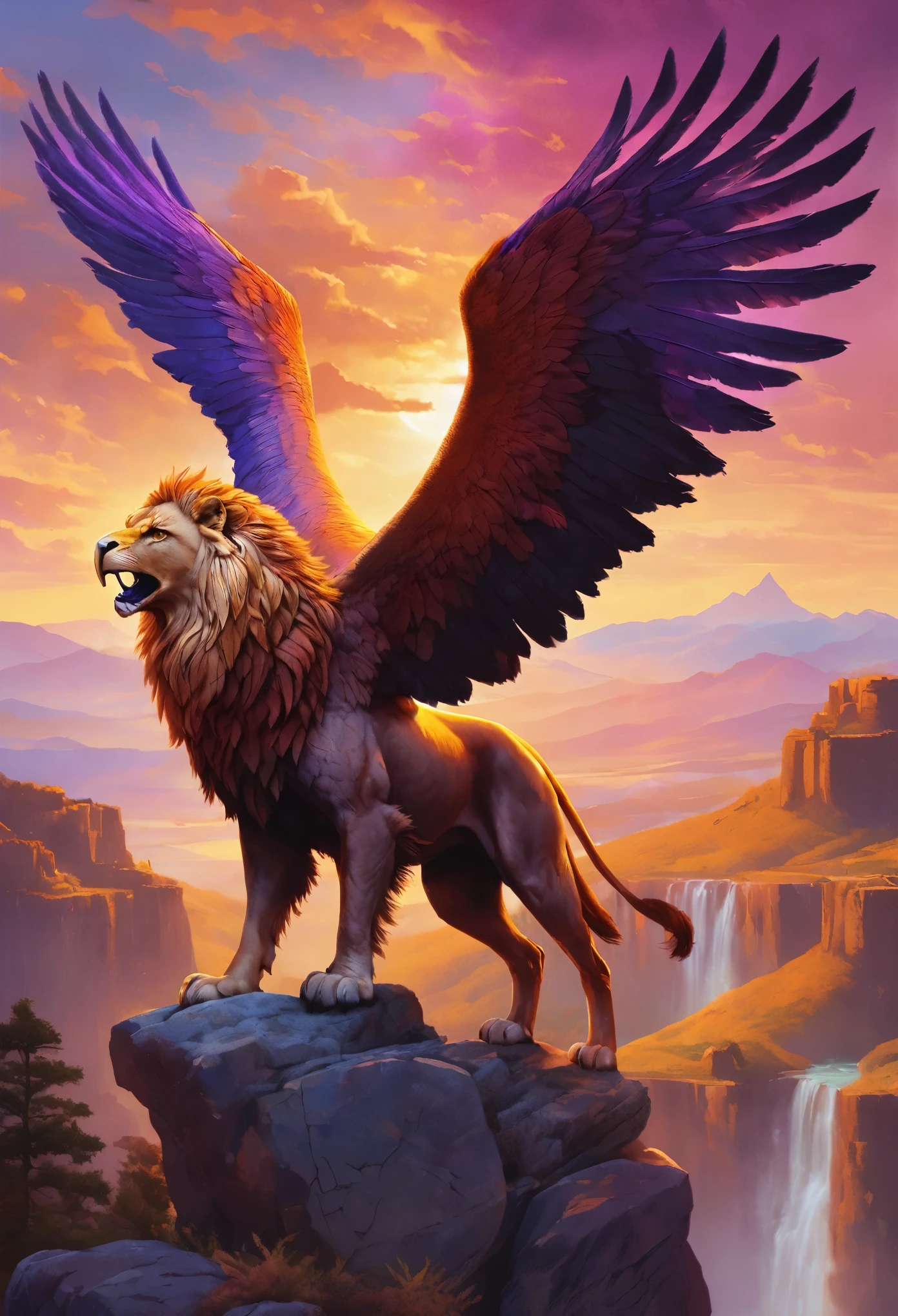 Create an image of a majestic griffin, showcasing its powerful lion's body and regal eagle's head and wings. The griffin should be depicted perched on a rocky outcrop, overlooking a vast landscape filled with ancient ruins and treasures. The background should feature a dramatic sky at sunset, with vibrant hues of orange, pink, and purple casting a magical glow.