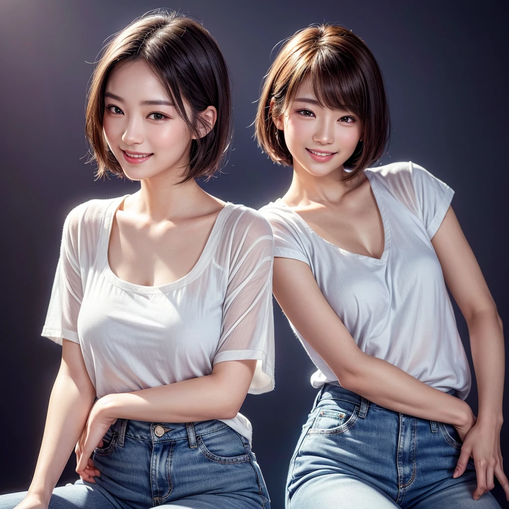 a beautiful japanese girl, short hair, white shirt, blue jeans apron, smiling, blue jean trousers, she is standing, black shoe, purple background, (best quality,4k,8k,highres,masterpiece:1.2),ultra-detailed,(realistic,photorealistic,photo-realistic:1.37),portrait,studio lighting,extremely detailed face and eyes,highly detailed skin,intricate details,flawless skin,warm lighting,beautiful detailed smile,elegant,graceful,serene,tranquil