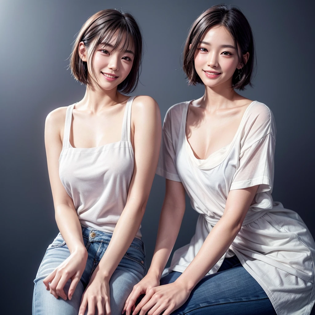 a beautiful japanese girl, short hair, white shirt, blue jeans apron, smiling, blue jean trousers, she is standing, black shoe, purple background, (best quality,4k,8k,highres,masterpiece:1.2),ultra-detailed,(realistic,photorealistic,photo-realistic:1.37),portrait,studio lighting,extremely detailed face and eyes,highly detailed skin,intricate details,flawless skin,warm lighting,beautiful detailed smile,elegant,graceful,serene,tranquil