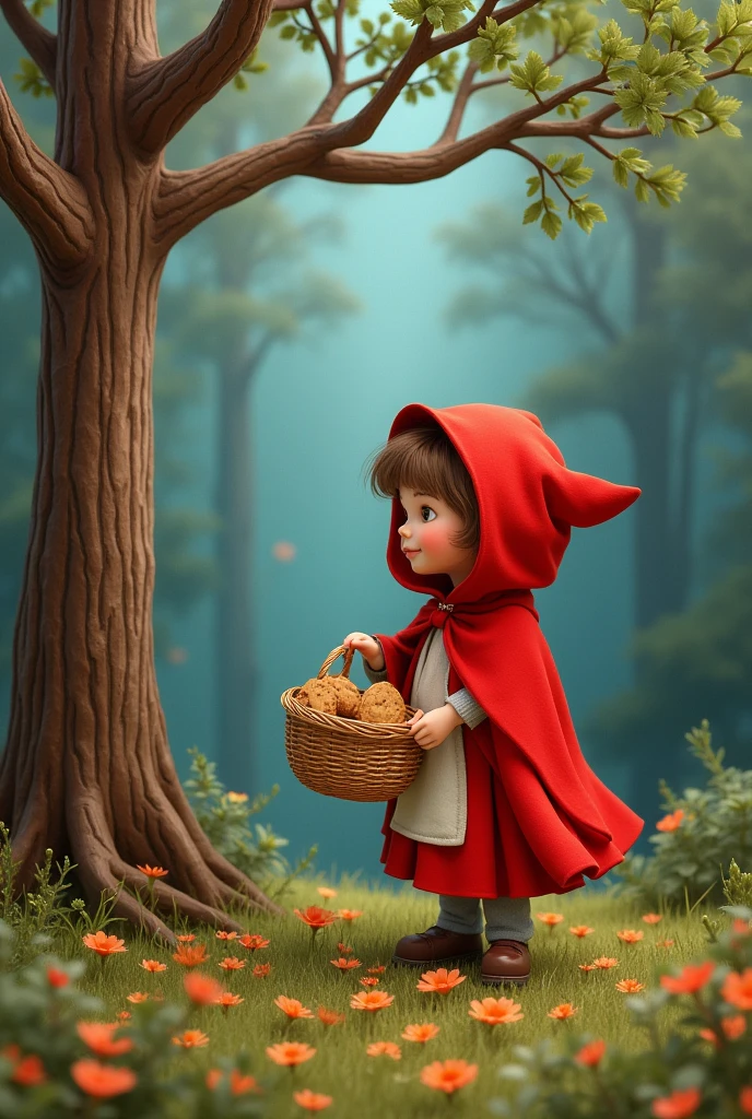 I need you to create an image that I can replicate on cardboard that is a scene where Little Red Riding Hood receives the basket of cookies from her mother.