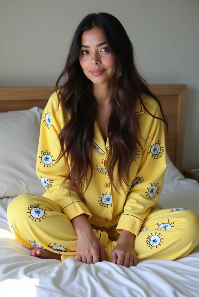 A 25-year-old, 70-kilo Brazilian woman with long, dark straight hair and Sponge Bob pajamas, in pajamas sitting on a white bed with her friend , Instagram in a bedroom background full body