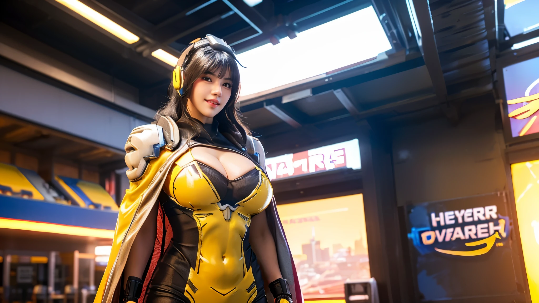 vonnyfelicia, CLOSE UP UPPER BODY,solo, COWBOY SHOT, ((E-SPORT HEADPHONE, WAVY BLODE HAIR:1.4)), (GIGANTIC FAKE BREASTS, CLEAVAGE TOP, 11 LINE ABS:1.5), (TIGHT YELLOW FUTURISTIC MECHA BODYSUIT OVERWATCH, ROYAL LONG CAPE:1.5), (MUSCULAR BODY SHAPE:1.5), (CLEAN GLOSSY BODYSKIN:1.5), (LOOKING AT VIEWER:1.6), (BACKGROUND FUTURISTIC SPACE STATION:1), (Photorealsitic:1.5), (Ultra-detail), (TOP-QUALITY), (BEST SHADOWS), BRIGHT LIGHT IN ROOM, HYPER TEXTURE, (4X MSAA), ((UNREAL ENGINE 5 RENDER)), (NEON), PHYSICALLY-BASED RENDERING, ULTRA HIGHT DEFINITION, 16K, 1080P.