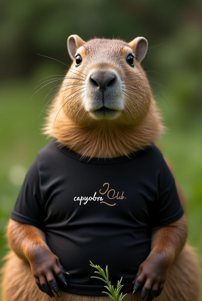 "Image of a friendly and relaxed capybara, posing comfortably on a natural green background. The capybara is wearing a tight black t-shirt that highlights its rounded and soft figure.. The shirt has a minimalist and modern design, with a simple and elegant letter that says 'capibara Club' on the chest. The capybara looks directly into the camera with tender, mischievous eyes., inviting a knowing smile. The soft, warm lighting highlights the details of her fur and the texture of her shirt., creating a charming and fun image that captures the unique personality of this friendly animal.."