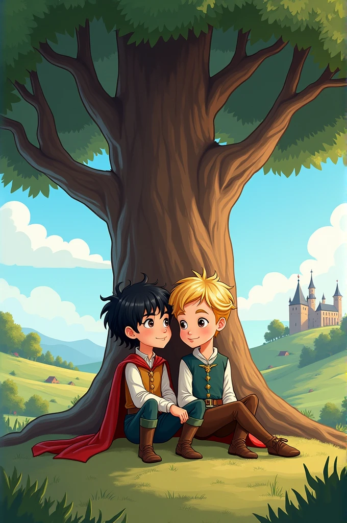 To two thin boys, and both white-skinned, one with jet black hair and the other with messy blonde hair, both with medieval but formal clothing at the same time, sitting under a big tree (cartoon style drawing not so childish)