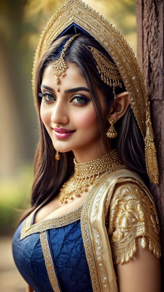 Extremely detailed, women, elven, Pakistani women, beautiful body, wearing traditional (navy blue and golden), beautiful enormous size breast, beautiful face, extremely detailed greenish gray eyes, sexy look, light pink lips, open mouth smile, golden brown