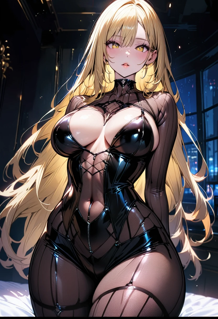 ung beautiful woman,(Highest quality,Extremely detailed depiction,Incredibly absurd high resolution,Anatomically accurate depiction,Curvy Legs,Vertically drawn pupils),((Body net stockings:1.5)),Glossy black latex:1.3,Mouth slightly open:1.2,A captivating smile,(Golden Hair, Straight long hair),Cowboy Shot:1.1,Shiny Hair,Beautiful Skin,Detailed face and eyes,Glossy Lips,Curvy Women,((There is cleavage in the chest,Beautiful and firm bust line)),Bedroom:1.2,night, Light and shadow with attention to detail,Background Blur