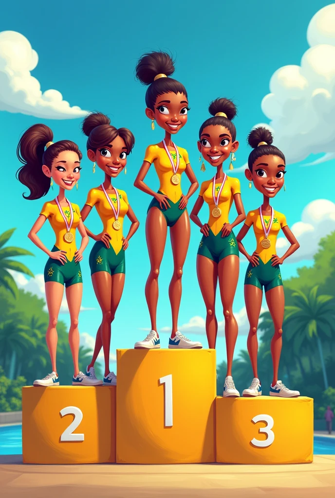 Flavia Andrade, Jade Barbosa, rebeca andrade, Júlia Soares and Lorrane Oliveira on the Olympic podium in cartoon form
