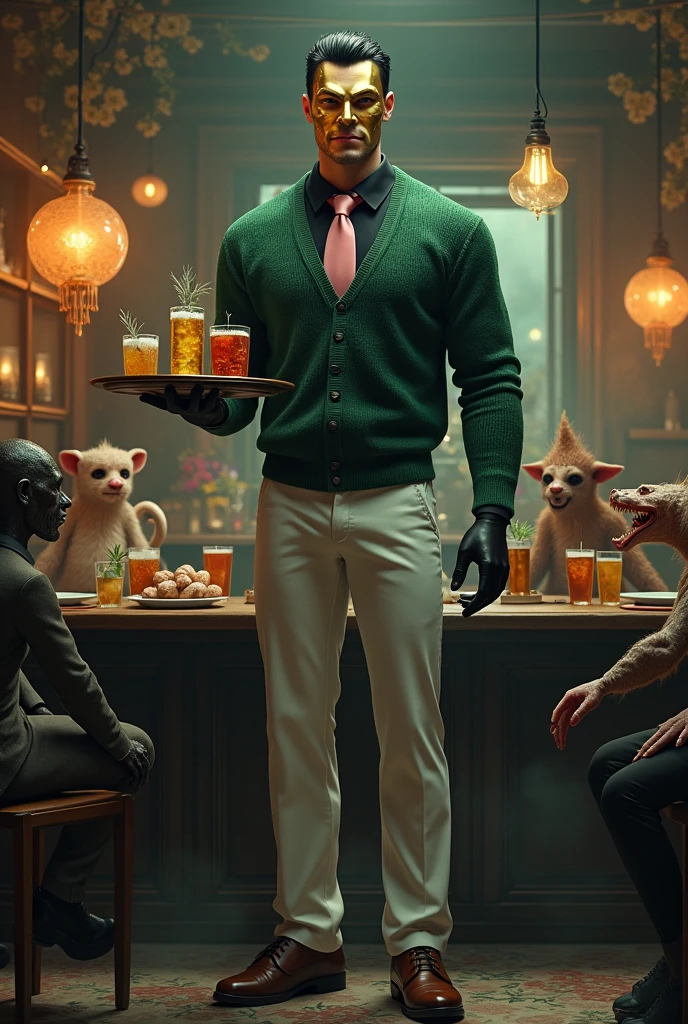 A tall man of 2,90 m tall, very handsome black hair wearing a golden comedy mask, he is wearing a black dress shirt with a green milk sweater, a pink tie, black gloves, white pants and brown shoes, he is holding a tray in his right hand that has peculiar drinks, he is in a restaurant bar serving very peculiar and supernatural creatures.