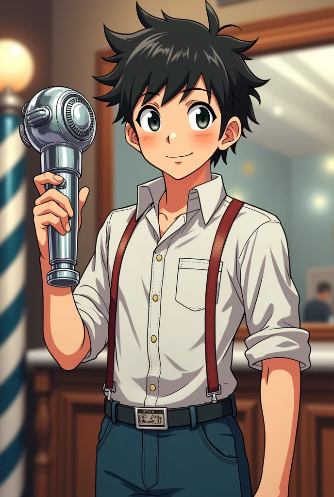Give me a drawing of an anime man holding a barber machine in his hand that is half-body image. That it is easy to draw the scissors and the barber machine that is silver that has some resemblance to the chavo del 8 the image that is a type of barbershop design