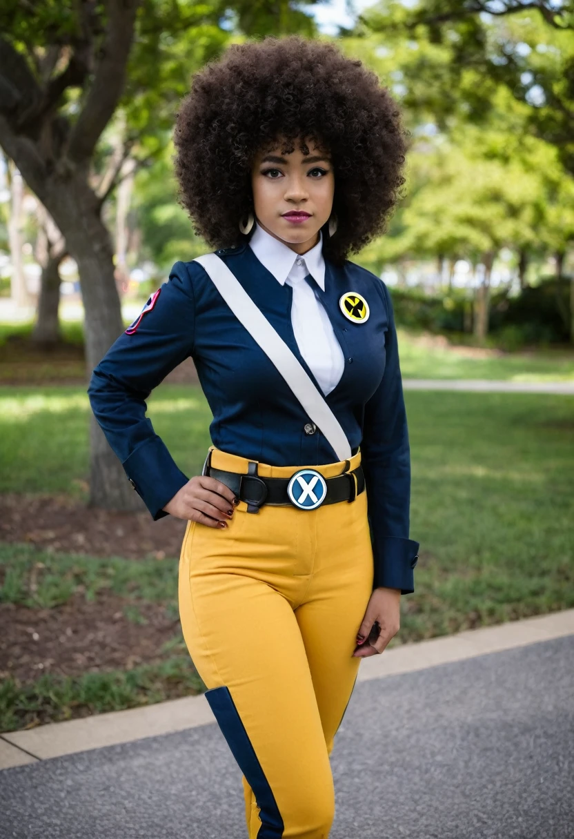 Black woman with afro curly hair. She is cosplaying using the Wolverine uniform. She wears a brooch with the letter x inside a circle. His belt buckle also has a letter X inside a circle.
