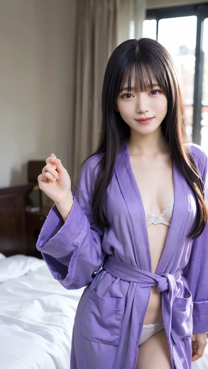 (8k、RAW Photos、Highest quality、masterpiece:1.2)、((Purple Lingerie、pubic hair、smile、Night view:1.3))、(Realistic、Realistic)、((Very flat chest、Are thin、Bathrobes:1.2))、1 girl、((morning、sunlight、 Hotel Bedroom、bed、Lie、ear))