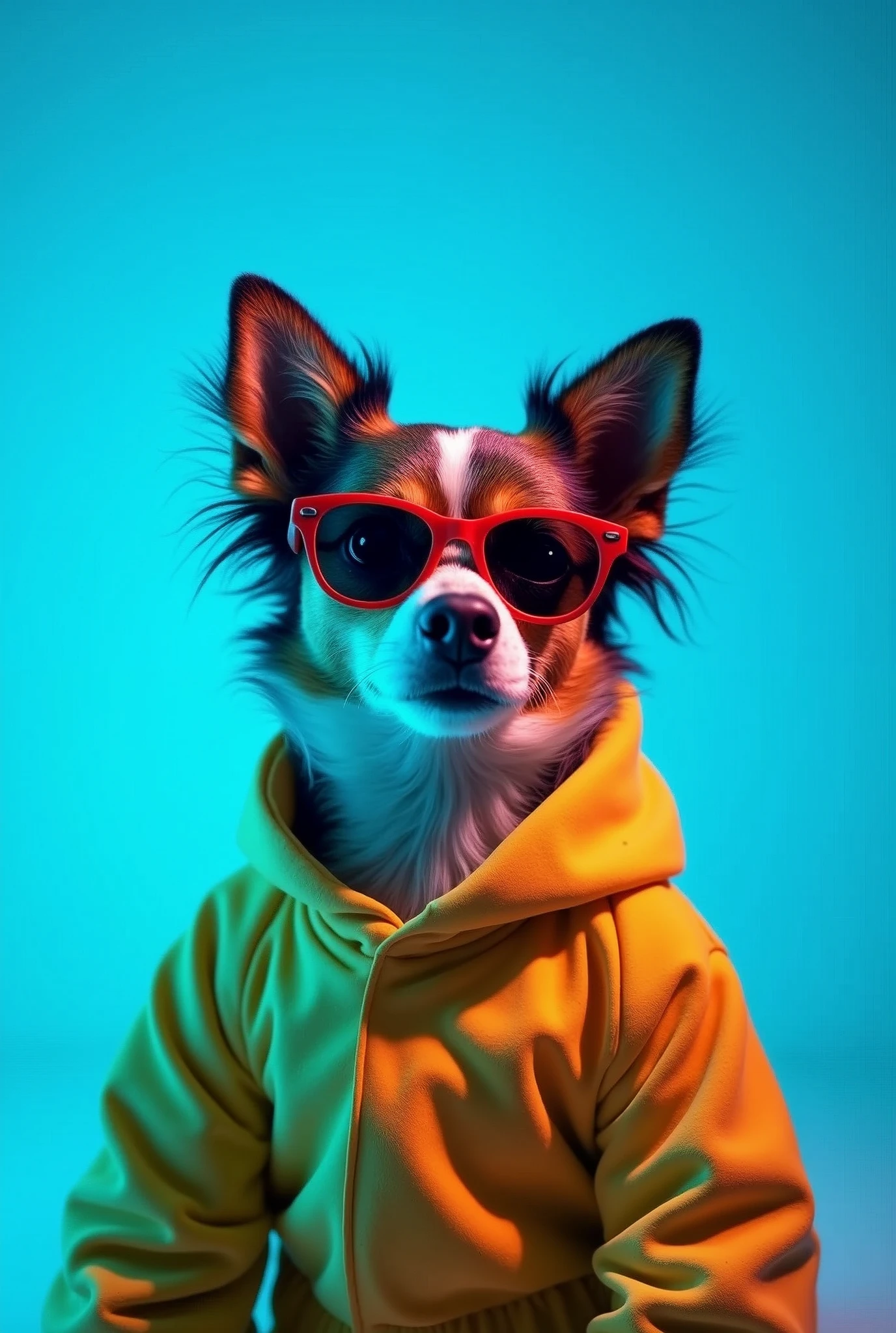 The best cell phone wallpaper, Award-Winning Wallpaper, portrait photography, In the front view is a portrait of a cute dog wearing mid-1960s space age fashion, Side view photo, Shot with Canon EOS R5, Set a strong contrast that accentuates the subject, Fluorescent blue tone, Wearing a very modern coat and sunglasses is a modern 1960s style, Clothes all in one color, beautiful background